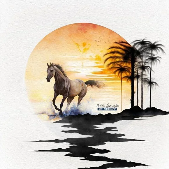 8x8 Horse Galloping On The Beach Rising Sun Watercolor Oil Painting Print - Picture 2 of 6